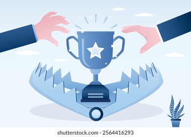 Businessman hand trying to catch the trophy into animal tap. Bait for employees, fake prize. Unattainable positive result, useless work. Bait or lure for stupid worker. flat vector illustration