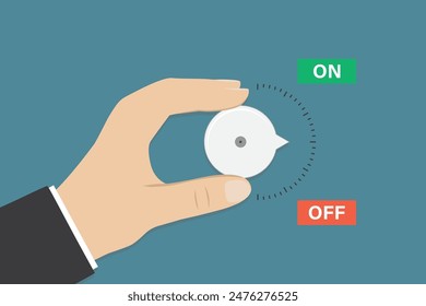 Businessman hand turn the regulator, switch in middle position. Control panel, setting, slider for adjustment. Measuring scale with text - ON and OFF. Indicator, design template. vector illustration