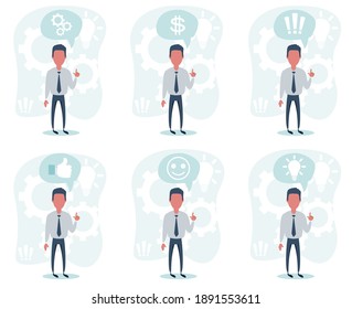 Businessman with hand up. Full length view. Vector flat design illustration.
