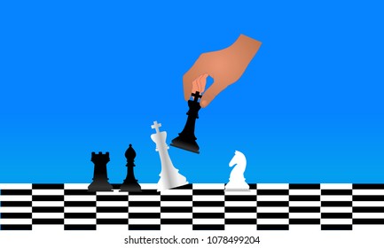 Businessman hand use black checkmate the white king