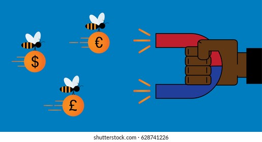 Businessman hand use magnet to attract money - dollar, euro, pound