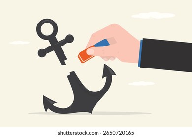 Businessman hand uses eraser and removed giant anchor. Crisis management and problem solving. Overcoming obstacles. Risk management. Modern flat vector illustration