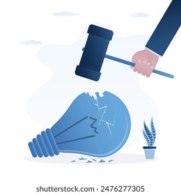 Businessman hand uses hammer and break light bulb. Bad idea, lack of new plans, ideas, creativity problem. Financial losses, investment mistakes. Difficulty with brainstorming. vector illustration