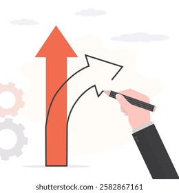 Businessman hand uses pencil and draw another arrow or way of development, alternative career path. Decision to choose pathway, choice, deciding, determination to find right solution. flat vector