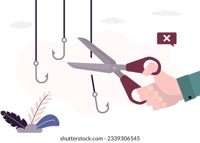 Businessman hand uses scissors and cut off various fishing hooks. Fight against scam, internet phishing. Smart user does not become victim of scammers and thieves. Bait, deceit. vector illustration