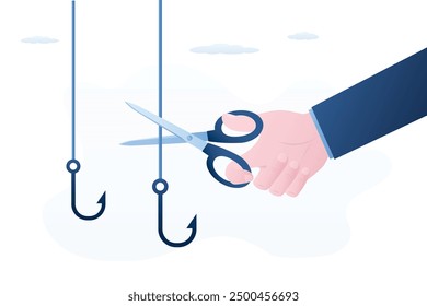 Businessman hand uses scissors and cuts off fishing hooks. Fight against scam and Internet phishing. Smart user does not become victim of scammers and thieves. Bait, deceit. flat vector illustration