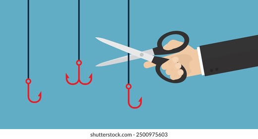 Businessman hand uses scissors and cuts off various fishing hooks. Fight against scam, internet phishing. Smart user does not become victim of scammers and thieves. Bait, deceit. vector illustration