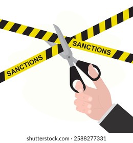 Businessman hand uses scissors cutting a piece of black-yellow warning tape. End of sanctions, lifting restrictions, cancellation of ban. Design isolated on white background. flat vector illustration