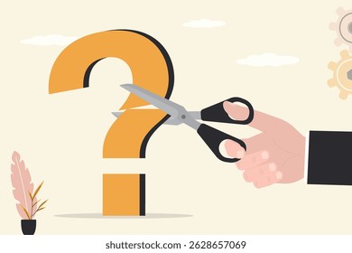 Businessman hand uses scissors and cutting giant question mark. Problem solving, brainstorming. Search for new ideas. Imagination, creativity. Employee overcoming obstacles. flat vector illustration