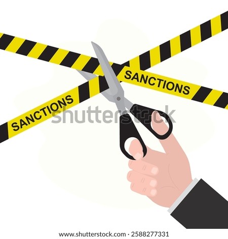 Businessman hand uses scissors cutting a piece of black-yellow warning tape. End of sanctions, lifting restrictions, cancellation of ban. Design isolated on white background. flat vector illustration