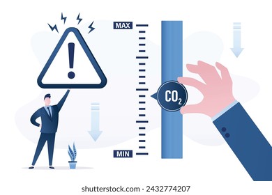 Businessman hand uses slider on control panel and reduces carbon emissions. Zero emission. Ecological problems are piling up. Poor performance energy industry. Volunteer holds warning sign. vector