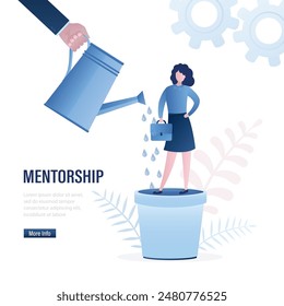 Businessman hand uses watering can and pouring water on clerk or office worker standing in pot. Concept of mentorship, professional training. Coaching for beginner entrepreneur. vector illustration