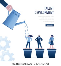 Businessman hand uses watering can and pouring water on clerks or office workers standing in pots. Talent development. Mentorship, professional training. Business coaching for beginners. Flat vector