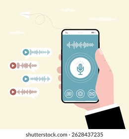 Businessman hand using smartphone with large chat screen. Various voice messages. Communication, mobile technology for talking and chatting. User send and receive voice messages. vector illustration