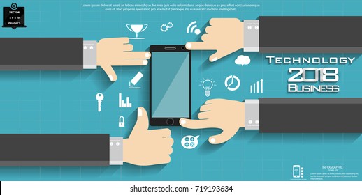  Businessman, Hand Variations  and  Cellphone - Text Technology 2018  Business  -  modern Idea and Concept Vector illustration Business Infographic template with icon.