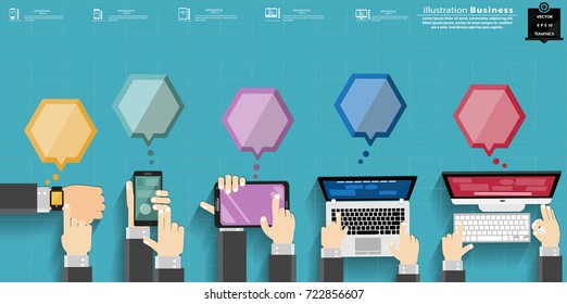  Businessman Hand and Watch,Cellphone,Tablet ,Laptop,Computer  - Speech bubble  Polygon  -  modern Idea and Concept Vector illustration Business Infographic template with icon. 