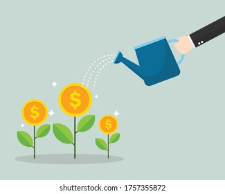 Businessman hand watering money coin tree. business growth tree concept. isolated on gray background. vector illustration in flat design.