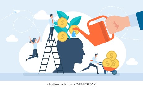 A businessman hand watering a money tree growing inside an investor head. Financial mindset for investor to growing profit, rich mindset or knowledge to grow business. Vector illustration