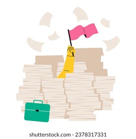 Businessman hand with white flag, load of documents. Flat vector illustration isolated on white background
