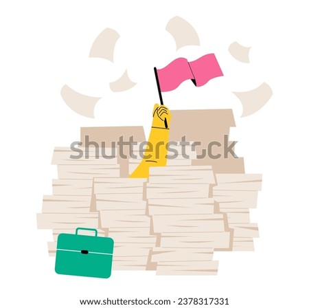 Businessman hand with white flag, load of documents. Flat vector illustration isolated on white background
