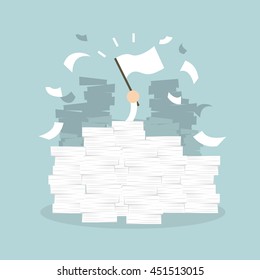 Businessman hand with white flag. Office desk loaded of paperwork , invoices and a lot of papers, documents. vector