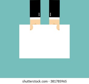 Businessman hand and white sheet Billboard. Hand holds form. Pure white tablet with space for text 