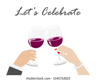 Businessman hand and woman hand toasting glass of red wine. Isolated on white background. Vector Illustration. Idea for festival, business or family celebrated in special occasion.