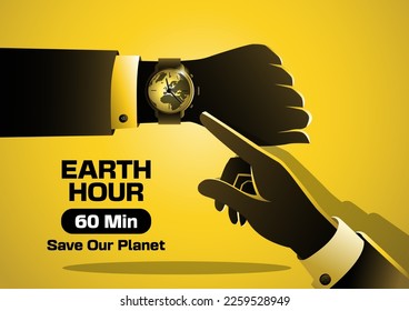 Businessman hand with wrist watch on earth hour day. Time management. 