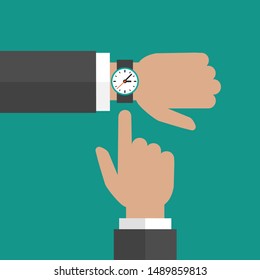 businessman hand with wrist watch and pointing hand on turquoise background.Time watch, limited offer, deadline, time to work symbol. Vector illustration.