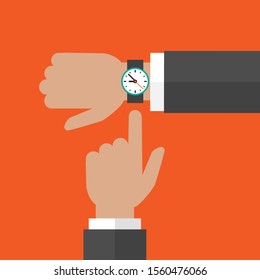 businessman hand with wrist watch and pointing hand on orange background.Time watch, limited offer, deadline, time to work symbol. Vector illustration.
