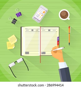 Businessman Hand Write Pen Notebook Desk Flat Vector Illustration