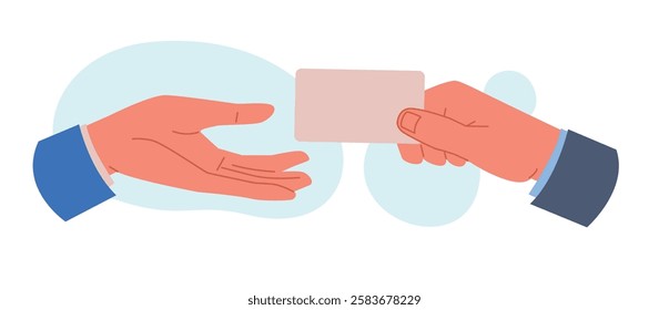 Businessman handing business card partner. Blank empty white paper. Empty label. Advertisement flyer in hand. Template for presentation. Cartoon flat isolated mockup. Vector concept