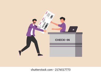 Businessman handing ticket at airport check-in counter. Airport activity concept. Flat vector illustration isolated. 