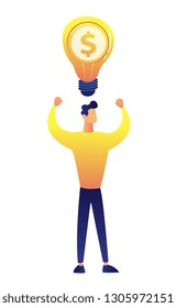 Businessman with hands up and big idea lightbulb and dollar sign vector illustration. Brainstorming, innovation and inspiration, business and finance idea concept. Isolated on white background.