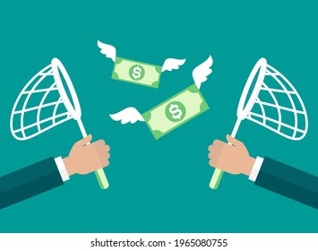 Businessman hands with butterfly net chase dollar banknotes. Competition, marketing concept. Catch, hunt for money. Financial success, business income concept. Vector illustration on blue background