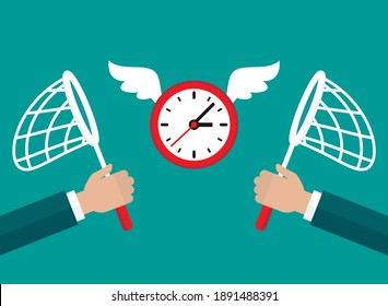Businessman hands with butterfly nets catch flying clock with wings. Hunt, chase time. Achieve goals, financial success, business income concept. Stop watch, limited offer, deedline, lack of time.
