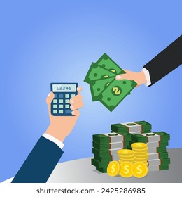 Businessman hands with calculator and money. Financial or accounting consultant concept vector