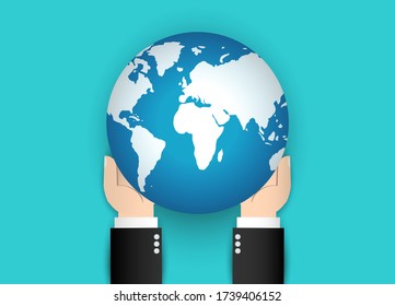 Businessman hands with earth icon symbol. Hand hold up the world. Saving environment, save clean planet, ecology environment concept