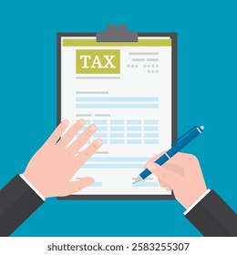 Businessman hands filling tax form. Hands hold taxes form and uses pen for signature document. Money management, modern business concept for web banners, infographics. flat design vector illustration