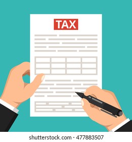 Businessman hands filling tax form. Government, state taxes. Tax payment concept. Flat vector illustration.