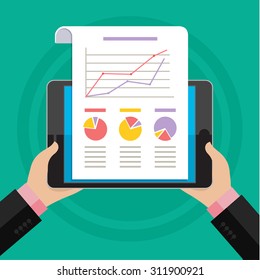 Businessman hands with financial chart and graph. Flat design style.