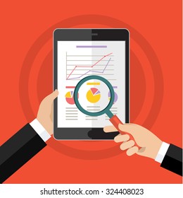 Businessman hands with financial chart and graph. Flat design style.