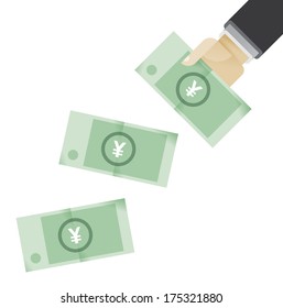 Businessman hands giving money - Chinese yuan (CNY) or Japanese yen (JPY). Idea - Business credit, Lottery win, Salary, Big company's profit, Business success.