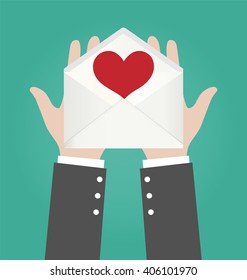Businessman Hands Giving Open Envelope With Red Heart, Love Concept