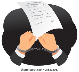 Businessman hands in handcuffs are taking a document