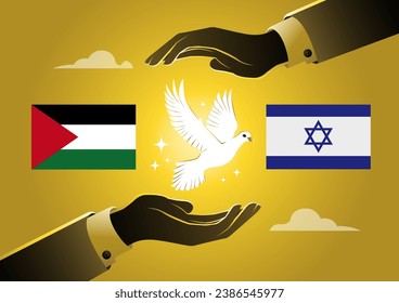 A Businessman hands hold a dove with Israel and palestine flags, hope concept