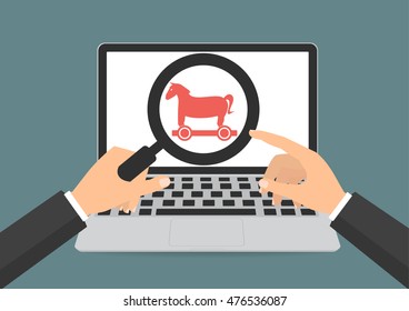 Businessman hands hold a magnifying glass found trojan horse malware computer virus on laptop computer. Vector illustration technology data privacy and security concept.