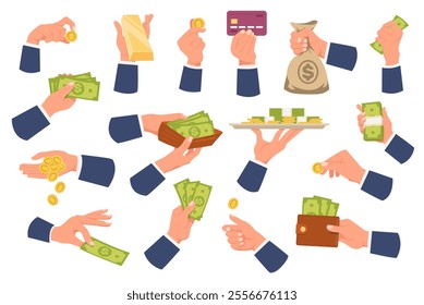 Businessman hands hold money. Gold coins and banknotes. Cash purse. Credit card. Finance calculation and budget planning. Tray with dollar currency. Saving or payment