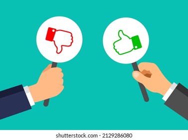 Businessman Hands Hold Plaques With Like And Dislike Gestures. Votes Concept. Disagree, Agree, Feedback. Vector Illustration