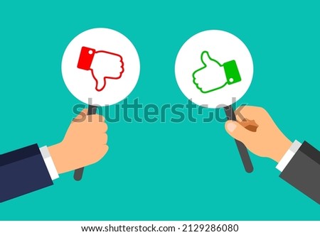 Businessman hands hold plaques with like and dislike gestures. Votes concept. Disagree, agree, feedback. Vector illustration